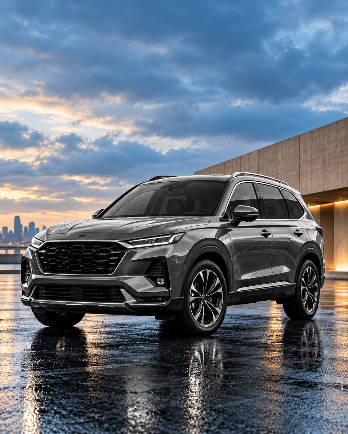 monochrome suv, colorful urban backdrop