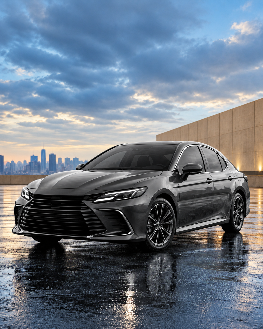monochrome car, colorized city backdrop